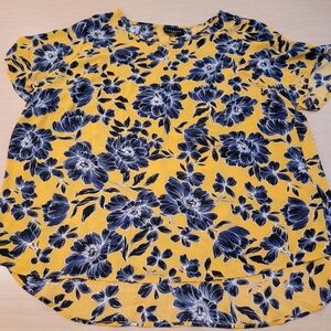 Premise Woman Yellow and Blue Floral Short Sleeve Blouse 2X Plus Size